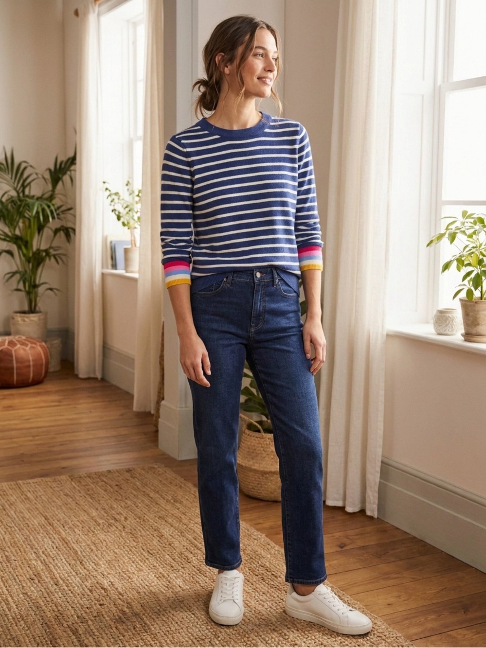 Talbots Cashmere Navy and White Striped Crewneck Sweater with Multicolor Cuff